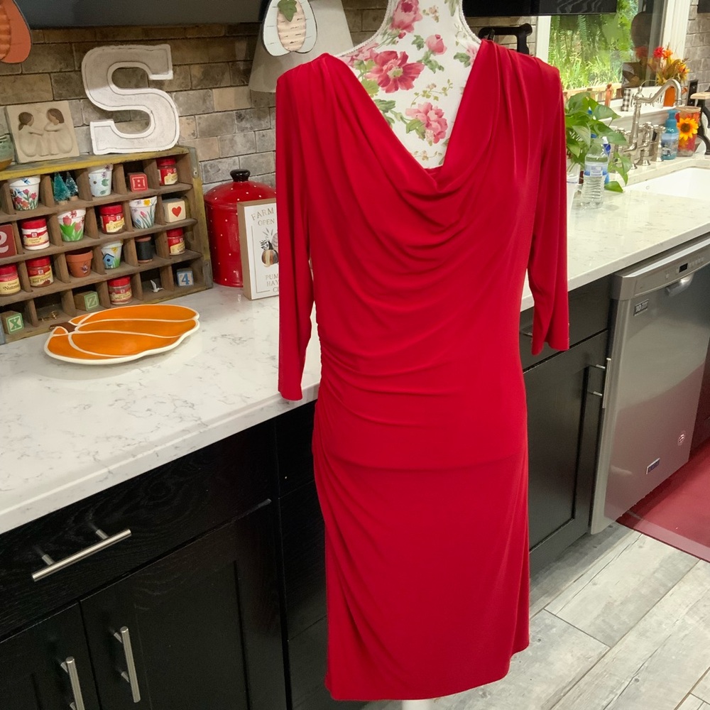 Coldwater Creek Size 14 Red Dress Christmas Holiday Formal Drape Neck 3/4 Sleeve